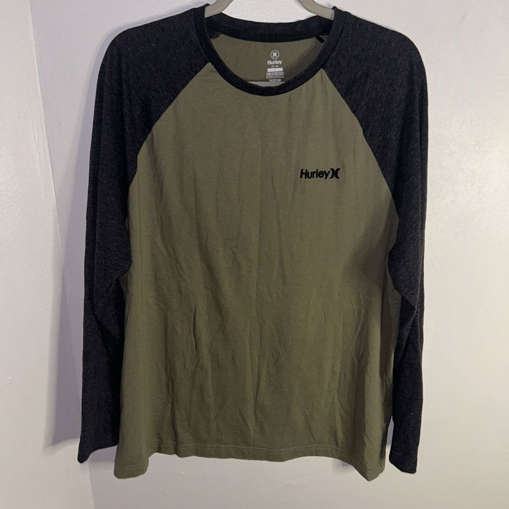 Hurley Men's Large Shirt Raglan Embroidered Logo Long Sleeve Tee T-Shirt‎ Green
